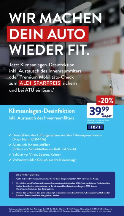 Klimaanlagen-Desinfektion inkl. Austausch des Innenraumfilters
