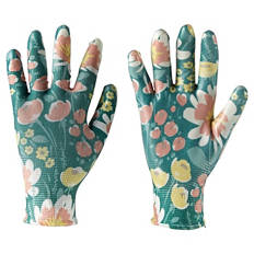 Damen Gartenhandschuhe, Grüne Blumen, Gr. 7/S